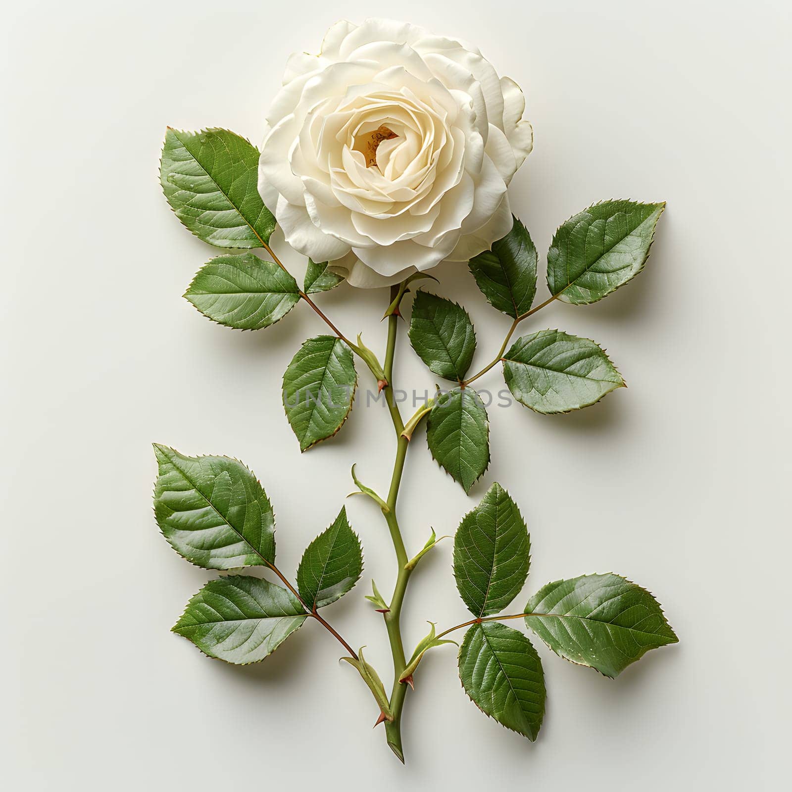 A hybrid tea rose, symbol of purity and innocence, with white petals and green leaves, belongs to the Rose family. Often used in creative arts, gardens, or as cut flowers