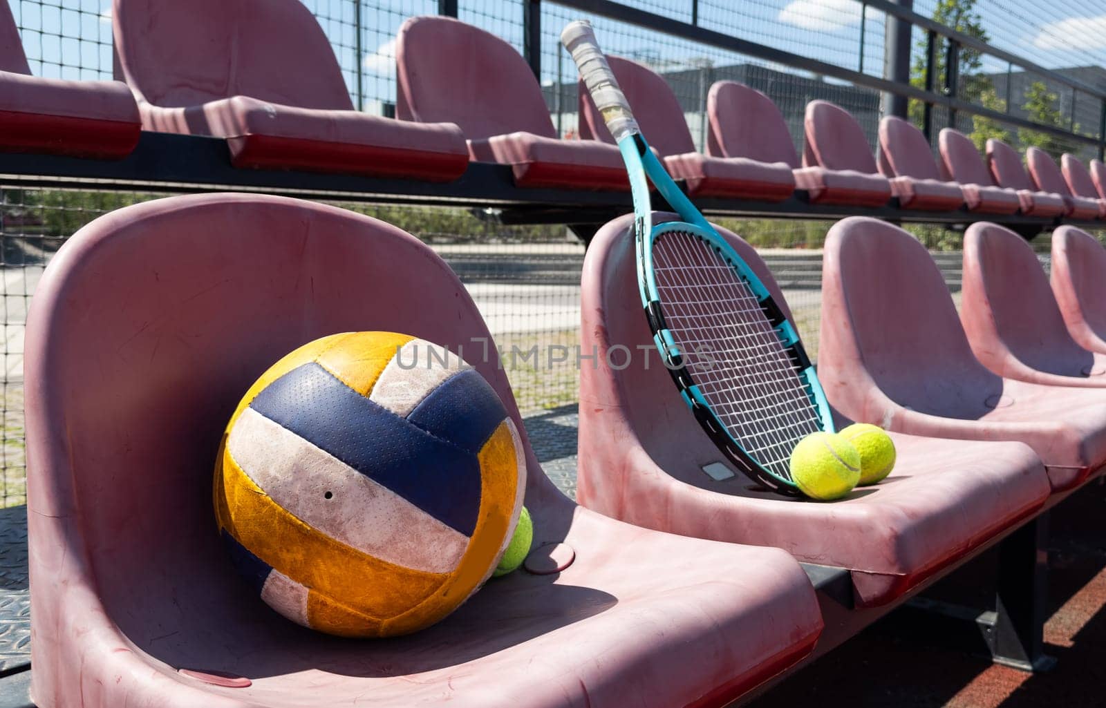 volleyball ball on bench on the sports tribune. High quality photo