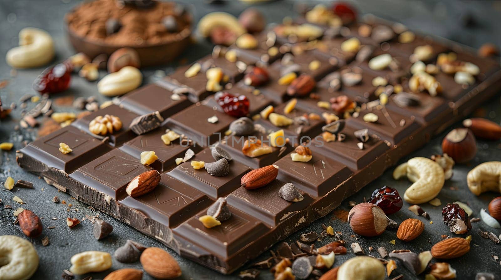 A chocolate bar with nuts and chocolate pieces scattered on a table, showcasing rich textures and natural ingredients.