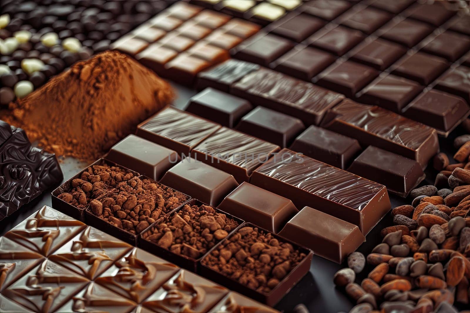 Various types of chocolate bars neatly arranged on a table, showcasing a wide range of flavors and types.