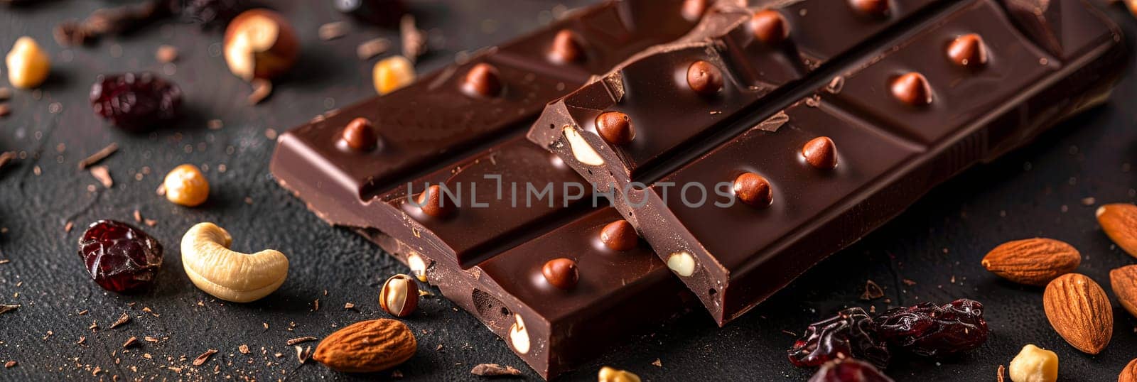 A chocolate bar with nuts and cranberries on a textured surface.