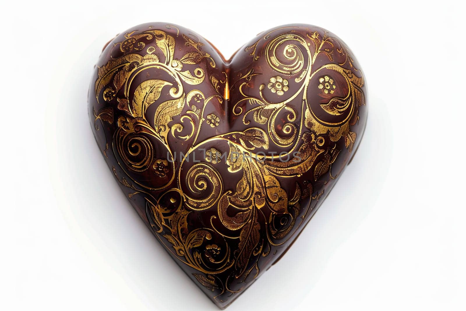 Detailed heart-shaped chocolate box with intricate golden design on a white background.