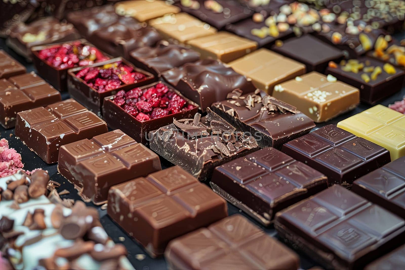 Various chocolate bars of different flavors and types neatly arranged on a table.