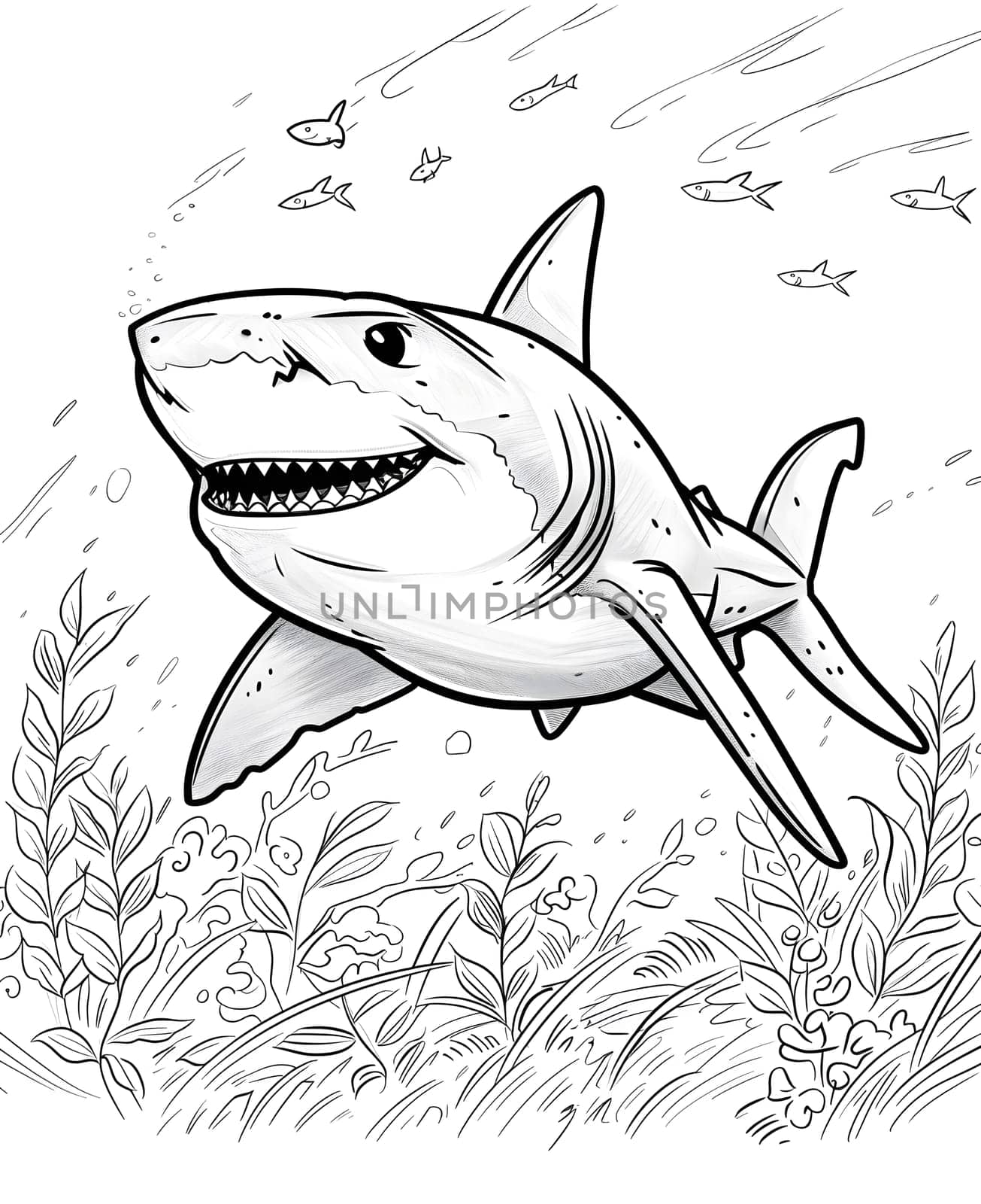 A black and white cartoon of a Requiem shark swimming in the ocean by Nadtochiy