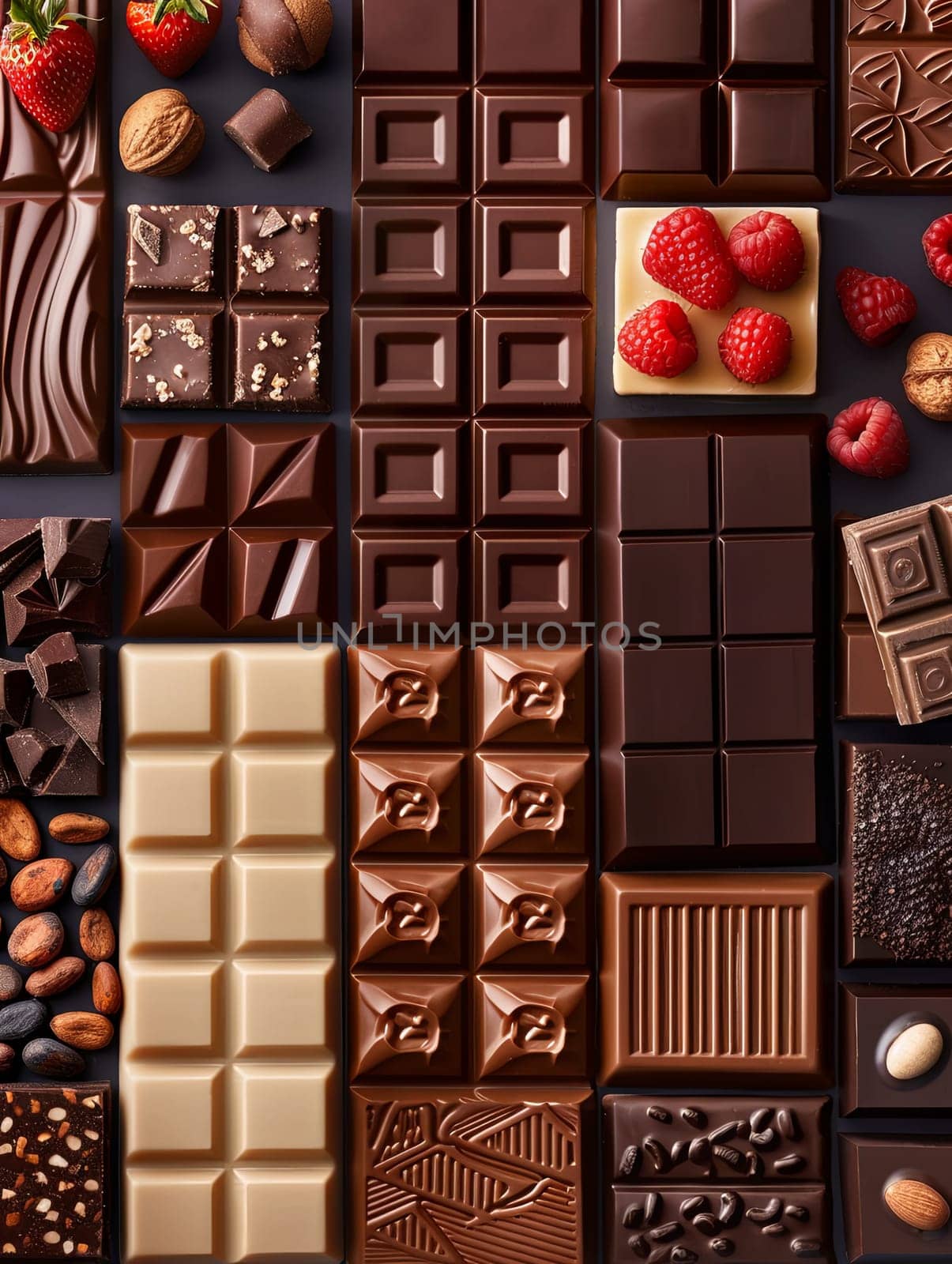 A collage featuring various chocolate bars, nuts, and raspberries neatly arranged.