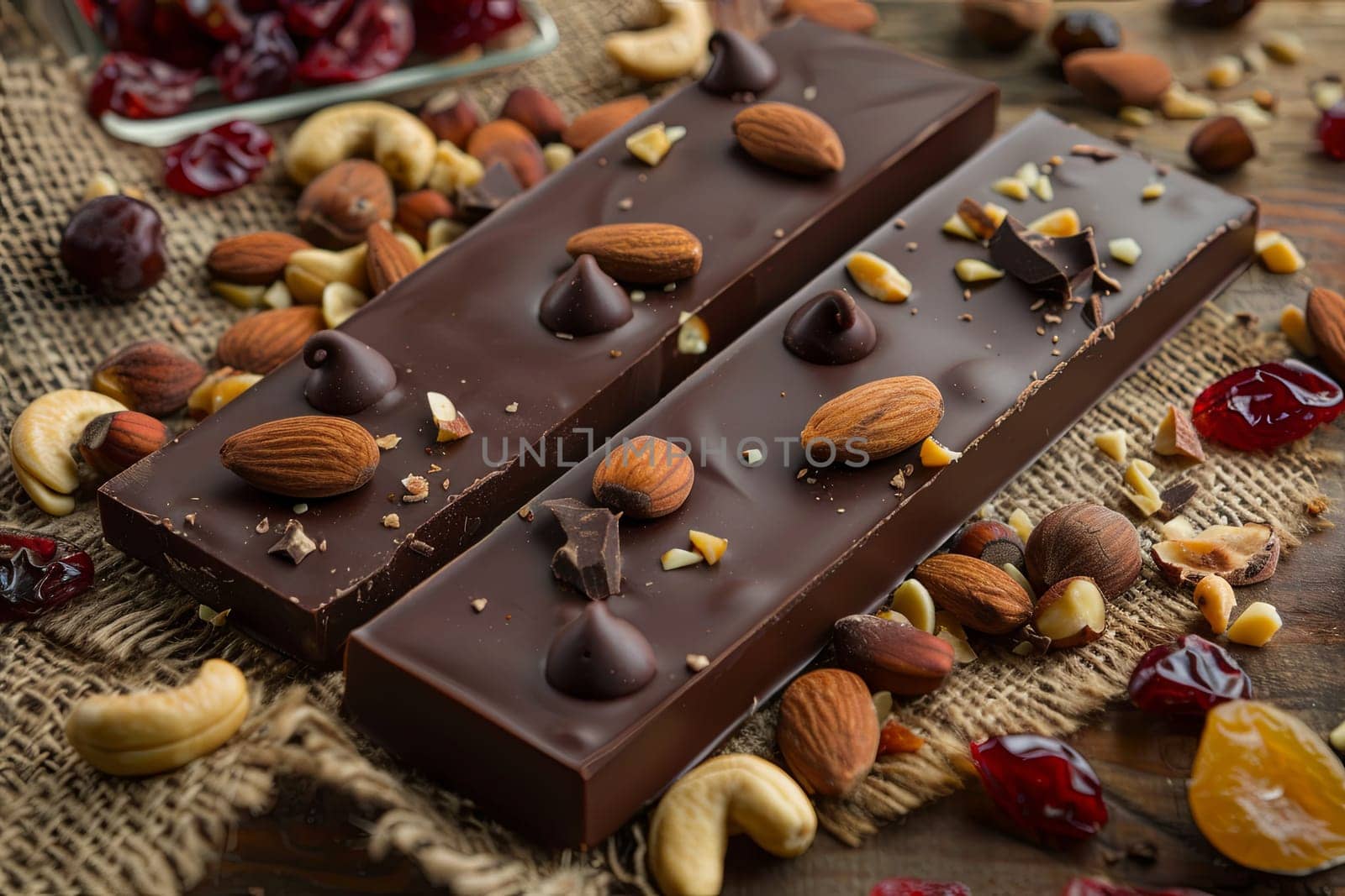 Two pieces of chocolate with nuts and dried cherries on a table.