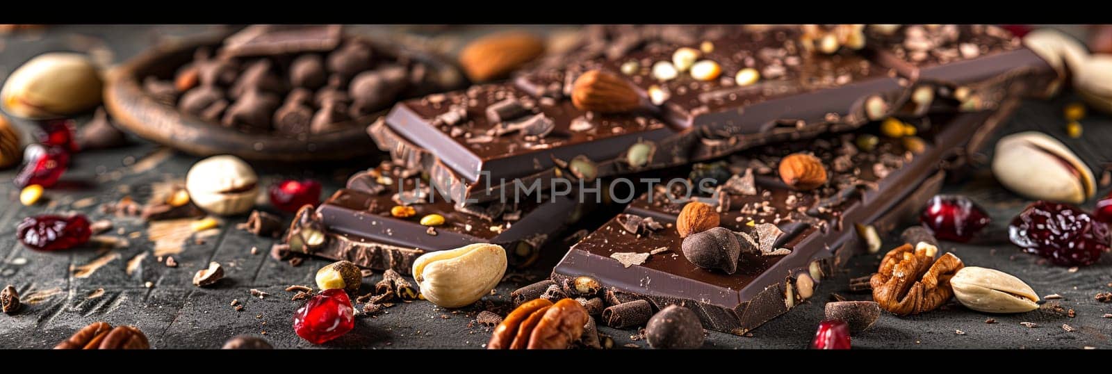 Detailed close-up of a chocolate bar filled with nuts and cranberries, showcasing rich textures and natural ingredients.