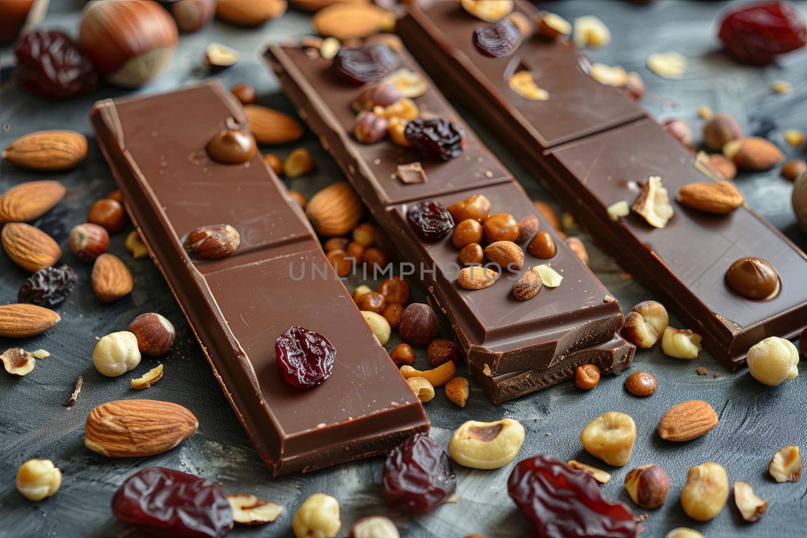 Two pieces of chocolate are topped with nuts and cranberries, creating a visually appealing and appetizing display on a table.
