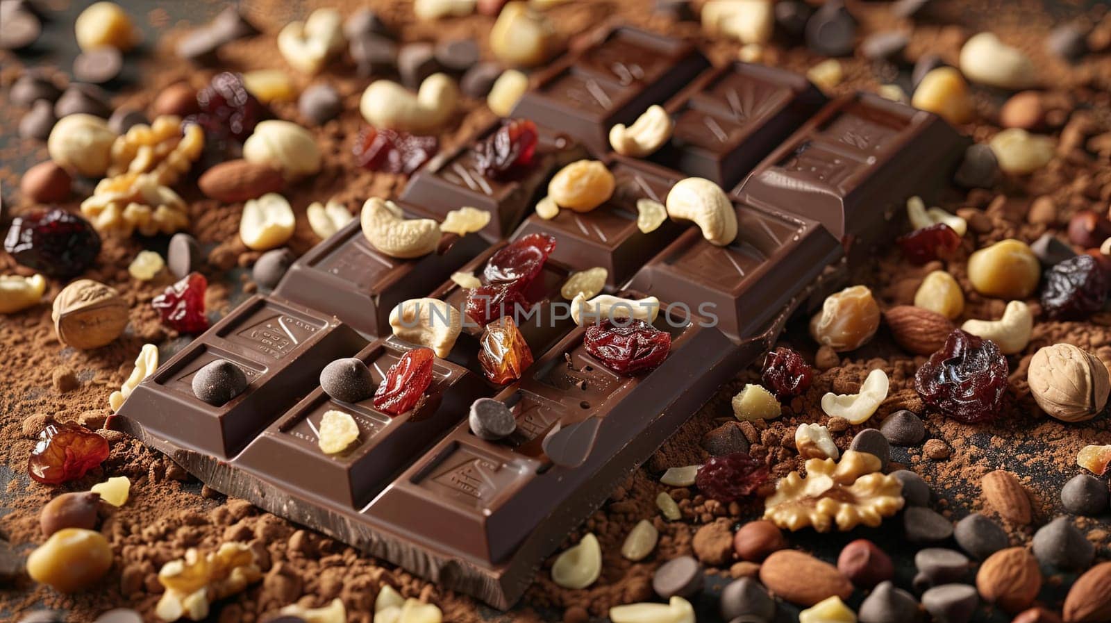 A detailed close-up of a chocolate bar filled with crunchy nuts and tart cranberries, creating a rich and appetizing treat.