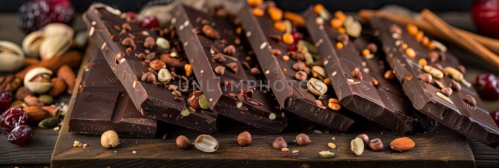 Detailed close up of a chocolate bar filled with nuts, showcasing rich textures and natural ingredients.