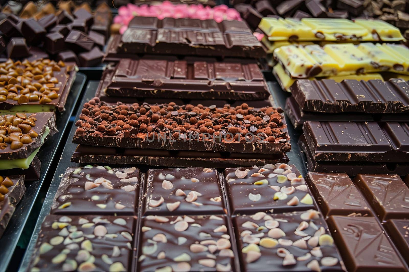A display case showcasing a wide variety of chocolate bars in different flavors and types, with rich colors and high detail.