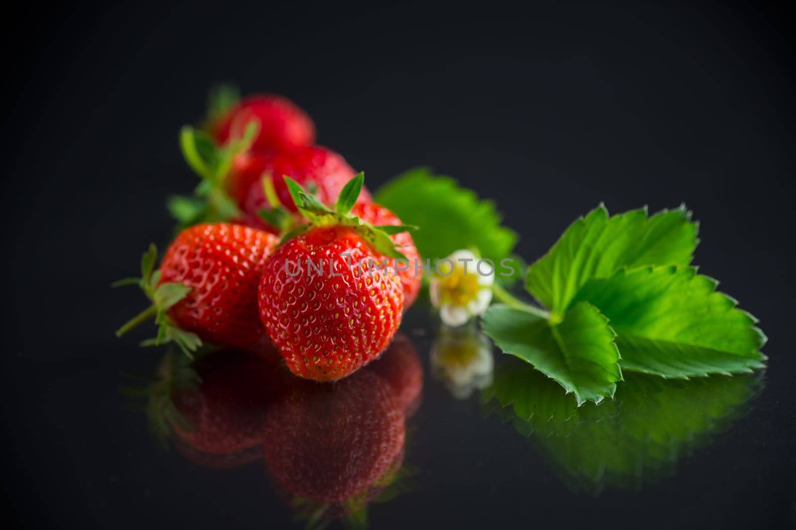 red ripe strawberry spring on a black background .