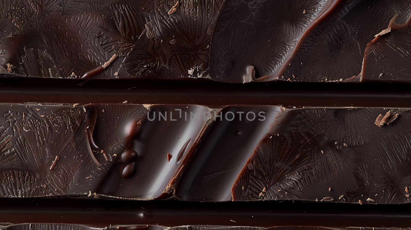Close-up view of a dark chocolate bar with visible break lines, smooth texture, and rich color.