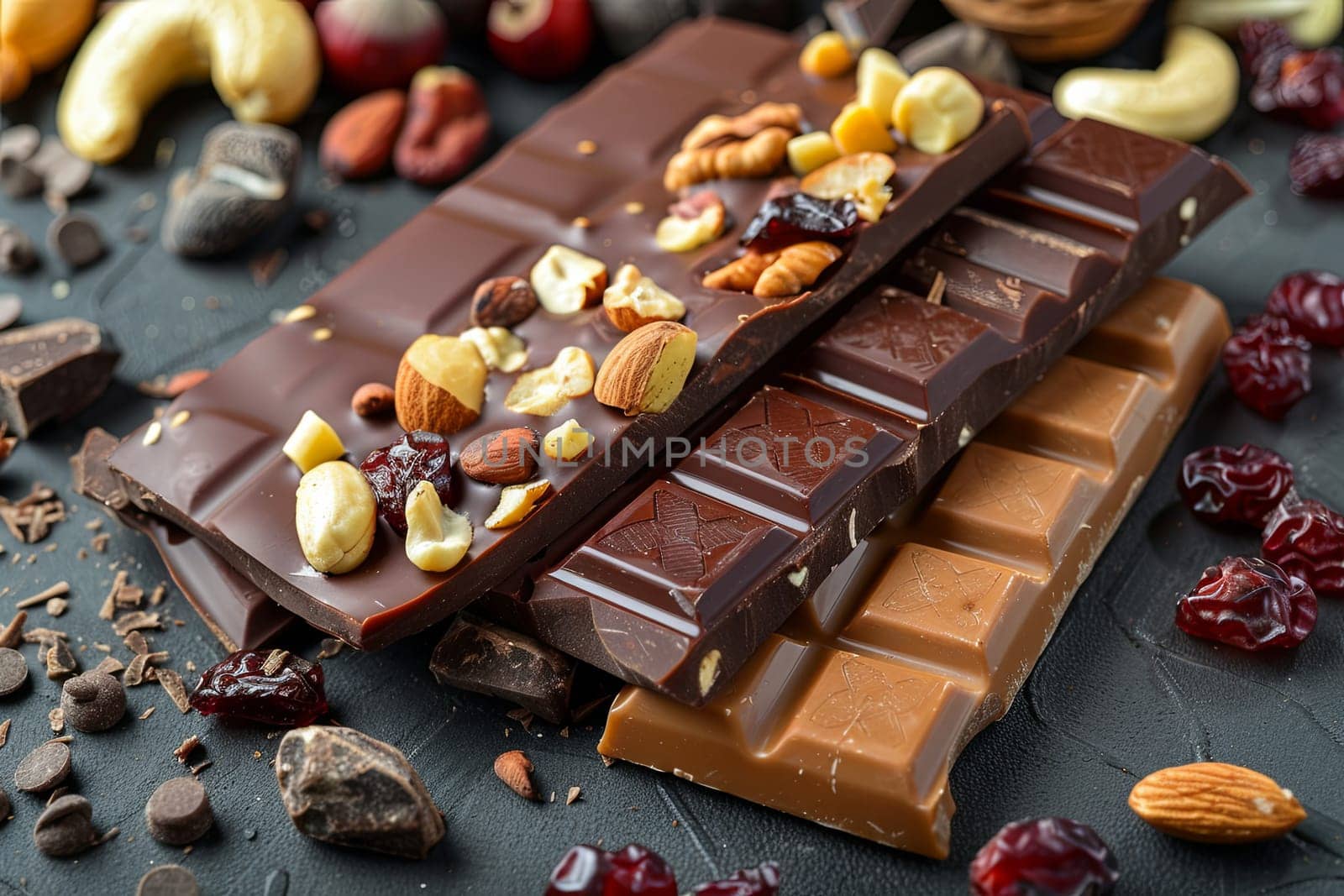 A chocolate bar filled with nuts and cranberries, showcasing rich textures and natural ingredients.