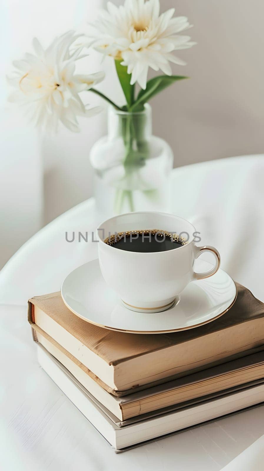 A flower is next to a cup of coffee on a stack of books, displayed on the table. The drinkware is surrounded by plant serveware and porcelain teacups