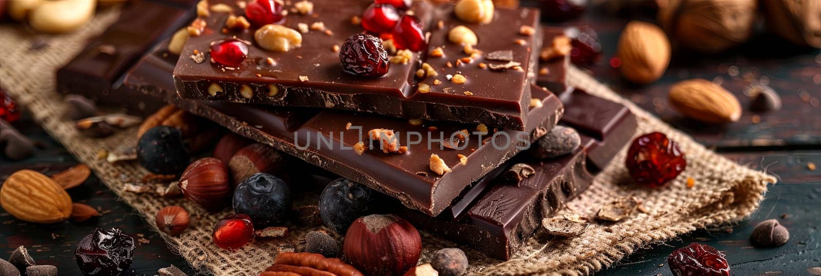 Detailed view of stacked chocolate bars with a variety of nuts and dried fruits, creating a rich and appetizing display.