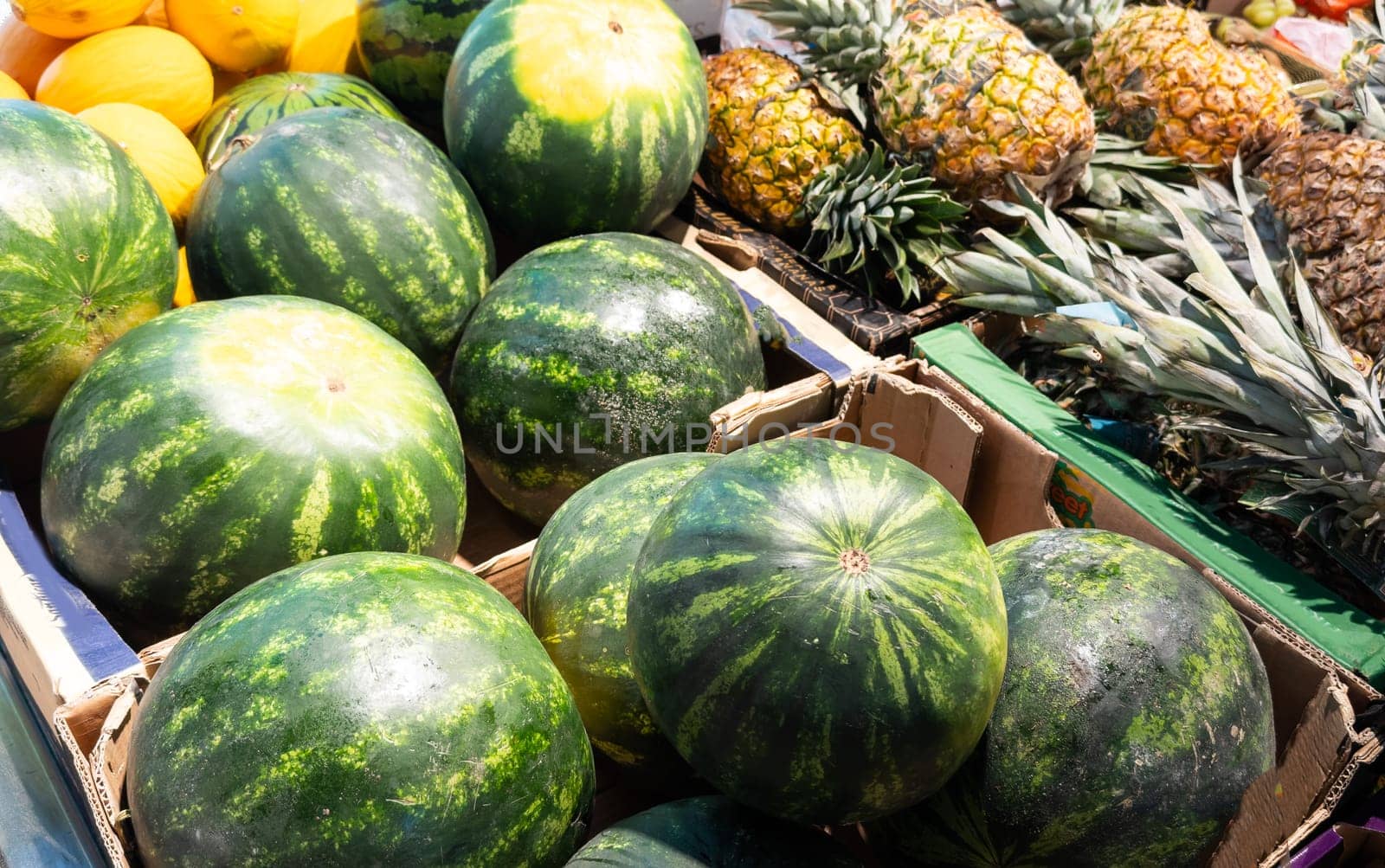 Green and striped watermelons in cardboard boxes at a local outdoor market. High quality photo