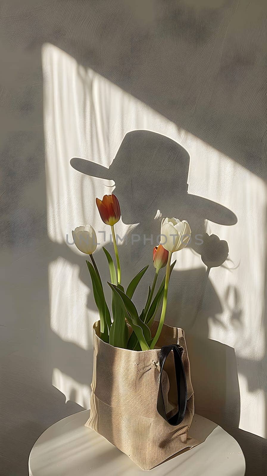 A flowerfilled vase sits on a table, casting a shadow of a hat. The arrangement adds a touch of beauty to the room in a blend of nature and artifice