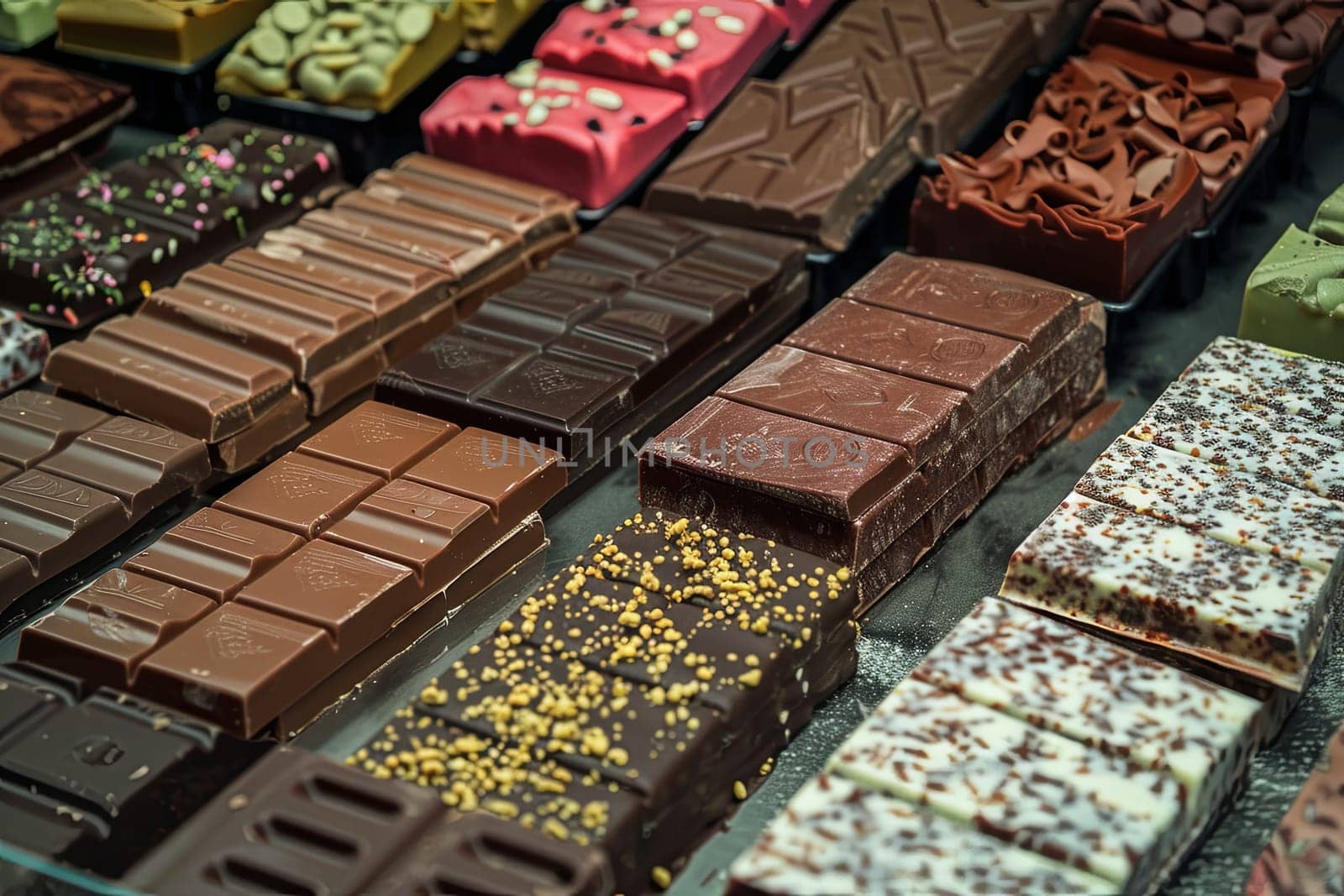 A display case filled with various types of chocolate bars in rich colors and flavors.