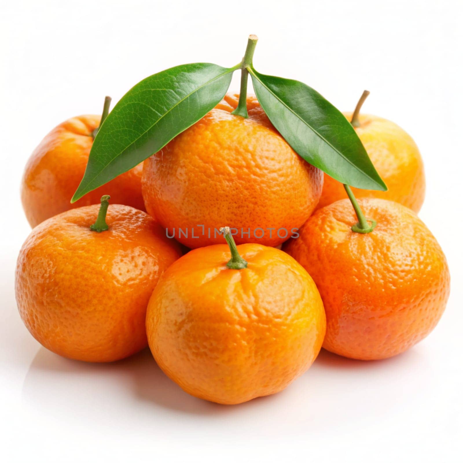 Fresh tangerines or clementines with green leaf on white background. Ai generated by alenamoore