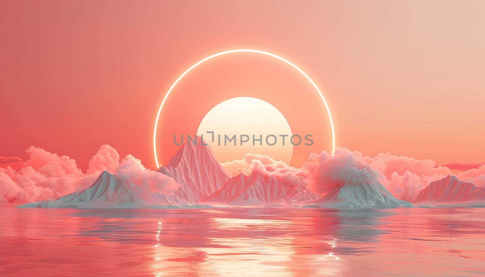 A mountain range with a pink and orange sky and a large circle in the middle by AI generated image.