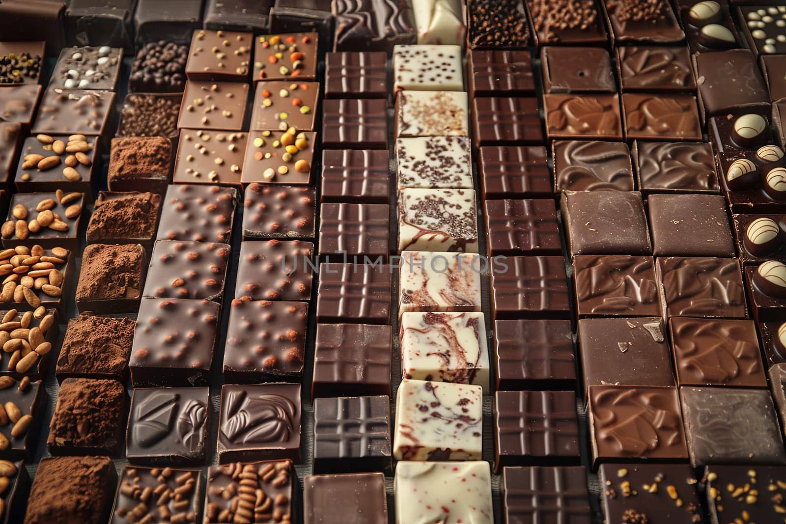 Various types of chocolate bars displayed neatly on a table, showcasing a range of flavors and textures.