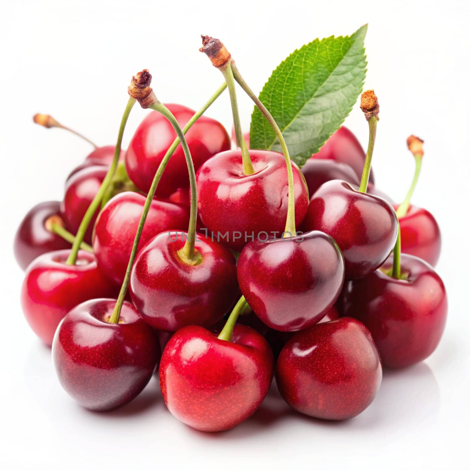 Cherries with leaves on white background. Sour cherries on white. Ai generated by alenamoore