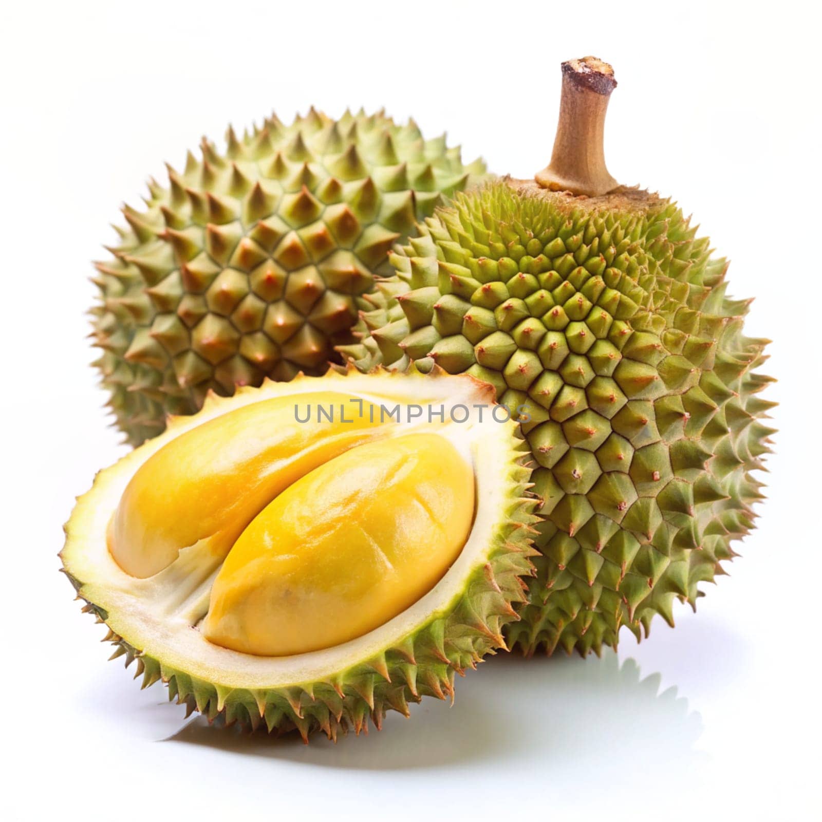 Durian fruit with slices isolated on white background. Ai generated by alenamoore