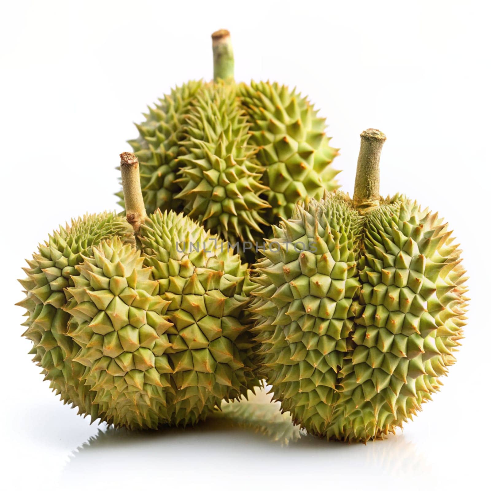 Ripe Durian fruits isolated on white background. Ai generated image