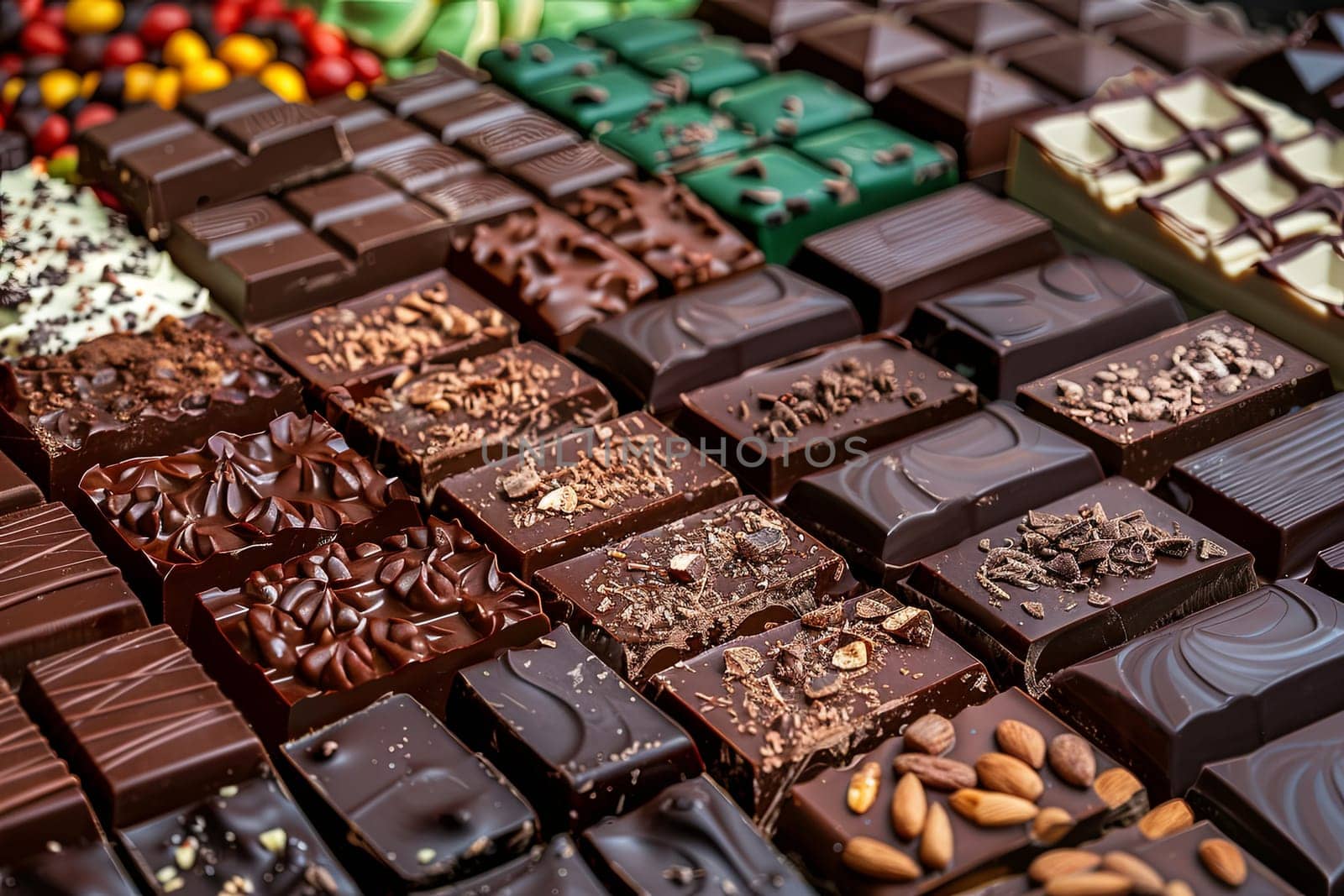 Close-up view of various chocolate bars of different flavors and types, showcasing rich colors and intricate details.