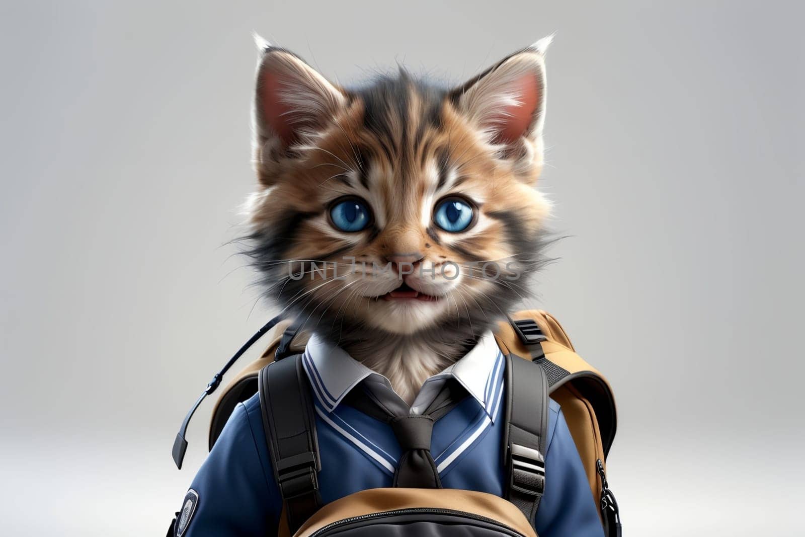 kitten schoolboy in school uniform with backpack .