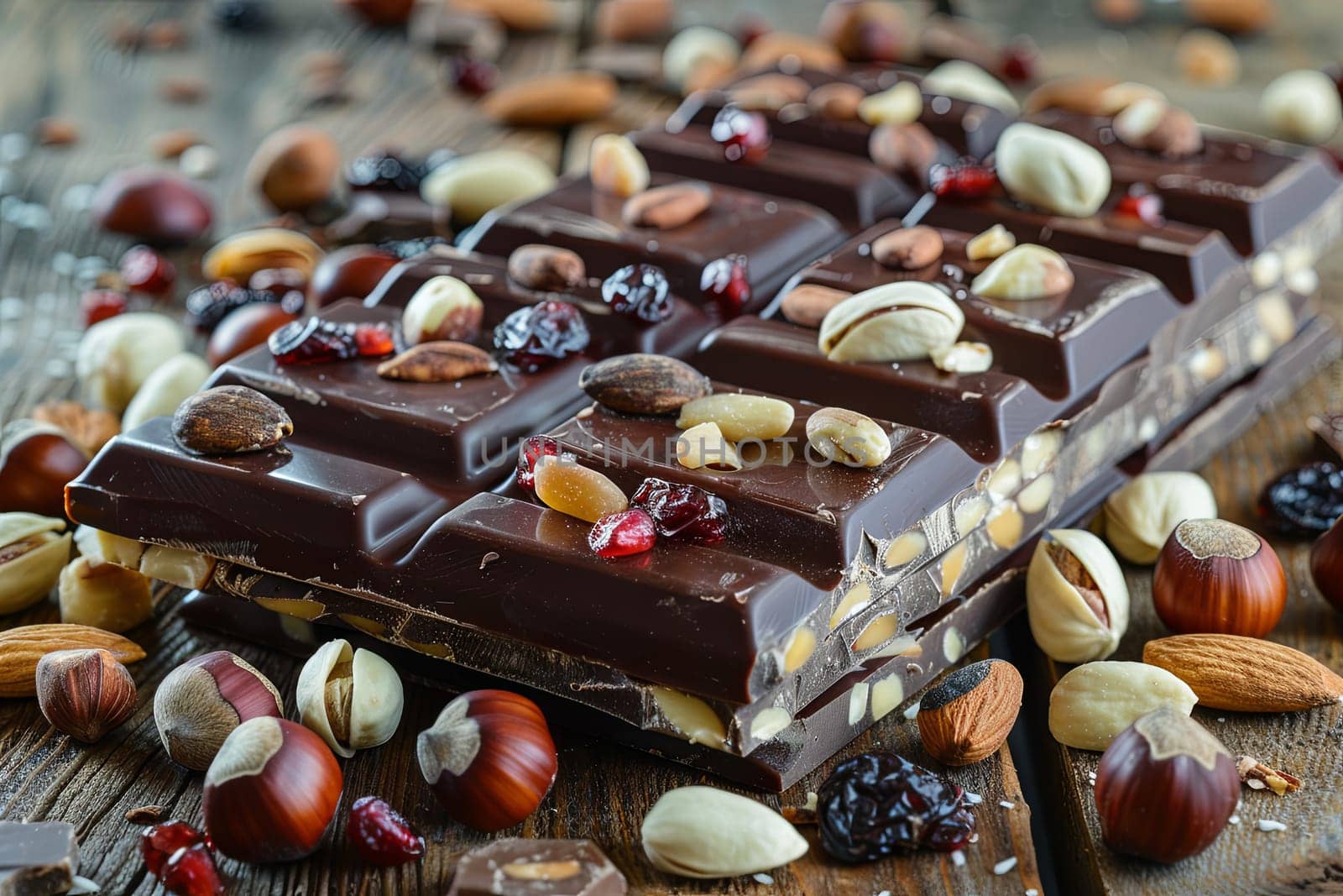 Detailed close up of a chocolate bar filled with nuts and dried fruits, showcasing rich textures and natural ingredients.