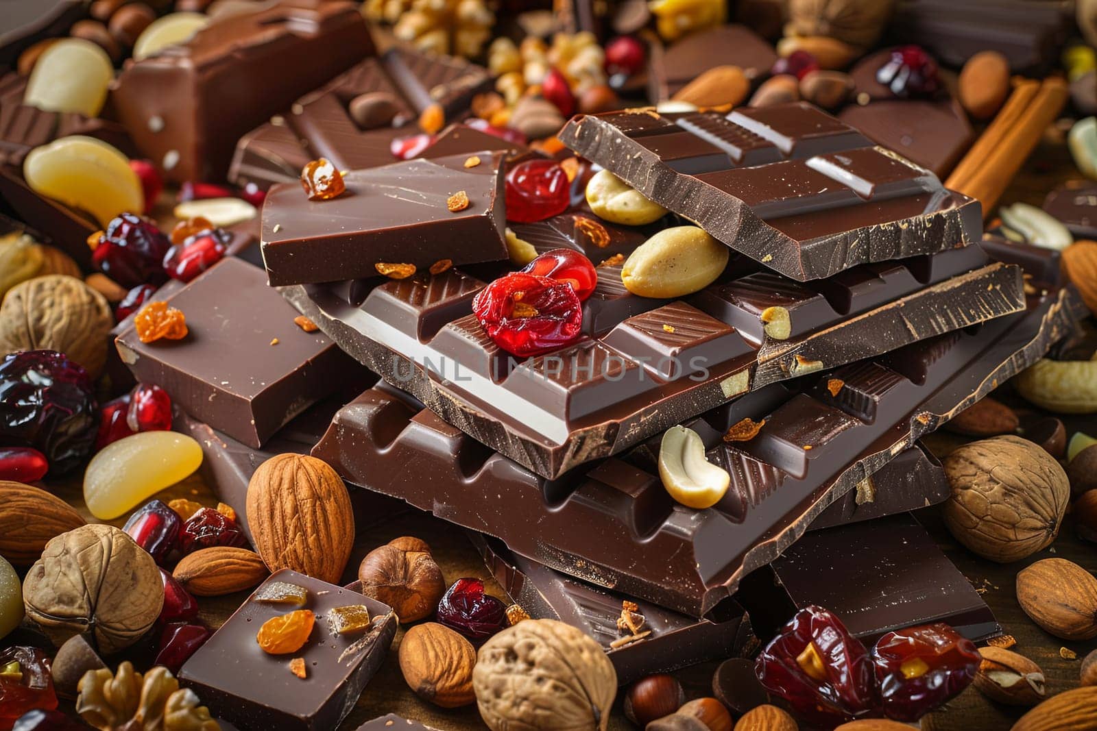 A mound of chocolate bars adorned with nuts and cranberries, showcasing rich textures and natural ingredients.