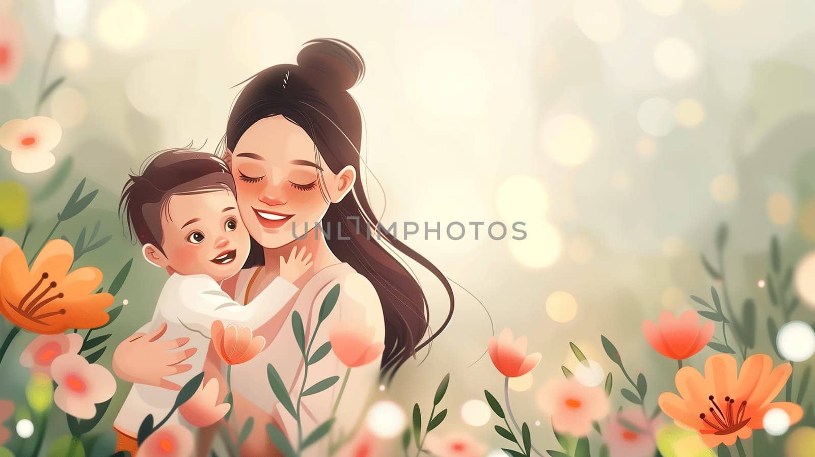 A woman stands in a field of colorful flowers, cradling a baby in her arms. The mother gazes lovingly at the infant, surrounded by natures beauty.