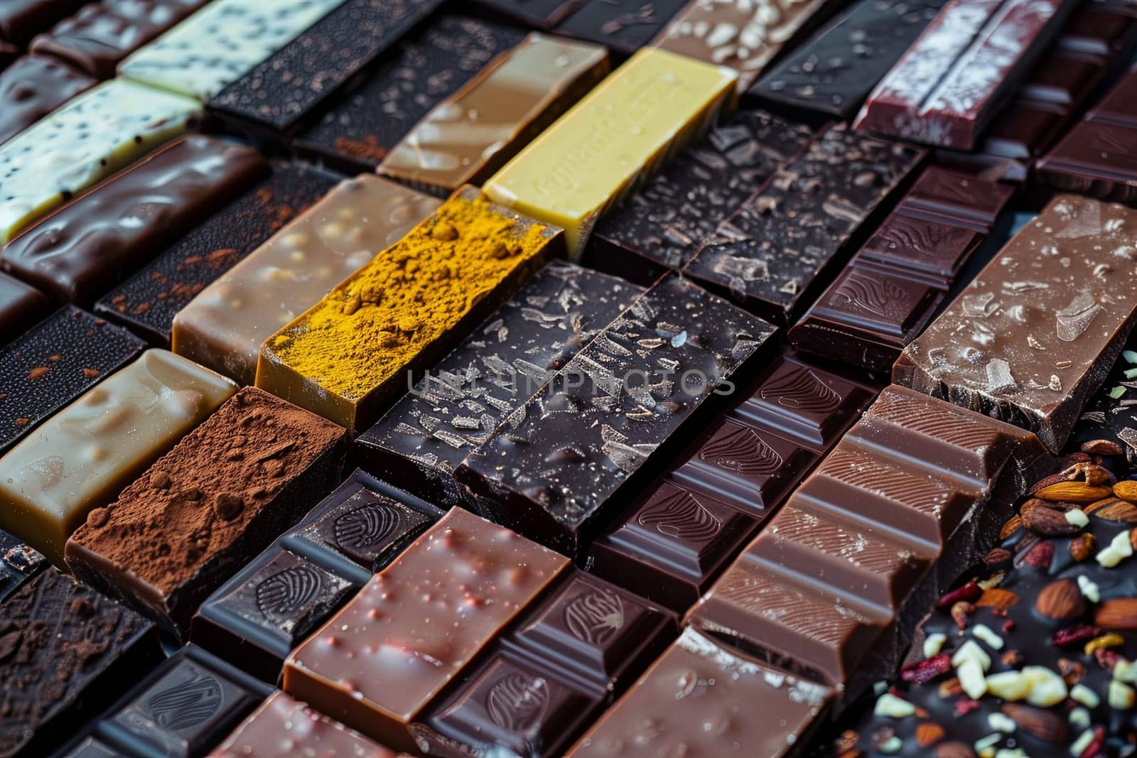 Various types of chocolate bars in different flavors neatly arranged on a table.