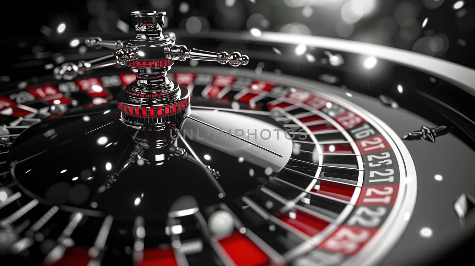 In the close-up shot, a casino roulette wheel is prominently displayed, featuring alternating red and black numbers around its circumference. The wheel is an essential element in the game of roulette, a popular choice in gambling establishments.