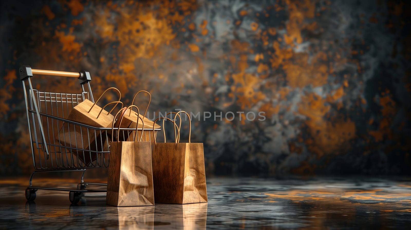 A shopping cart overflowing with shopping bags sits atop a wet floor, indicating a successful shopping trip during a sale or Black Friday event. The reflective surface of the water adds an interesting element to the composition.