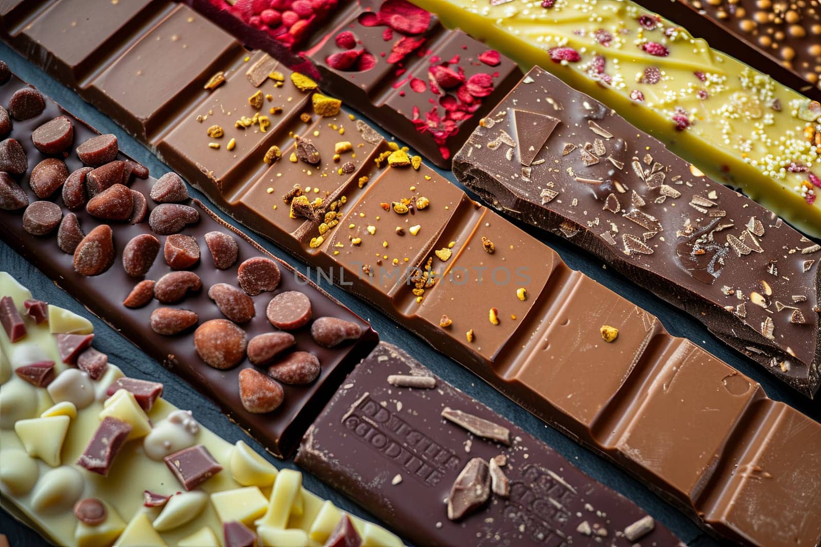 Close up view of a variety of chocolate bars in different flavors and types, neatly arranged with rich colors.