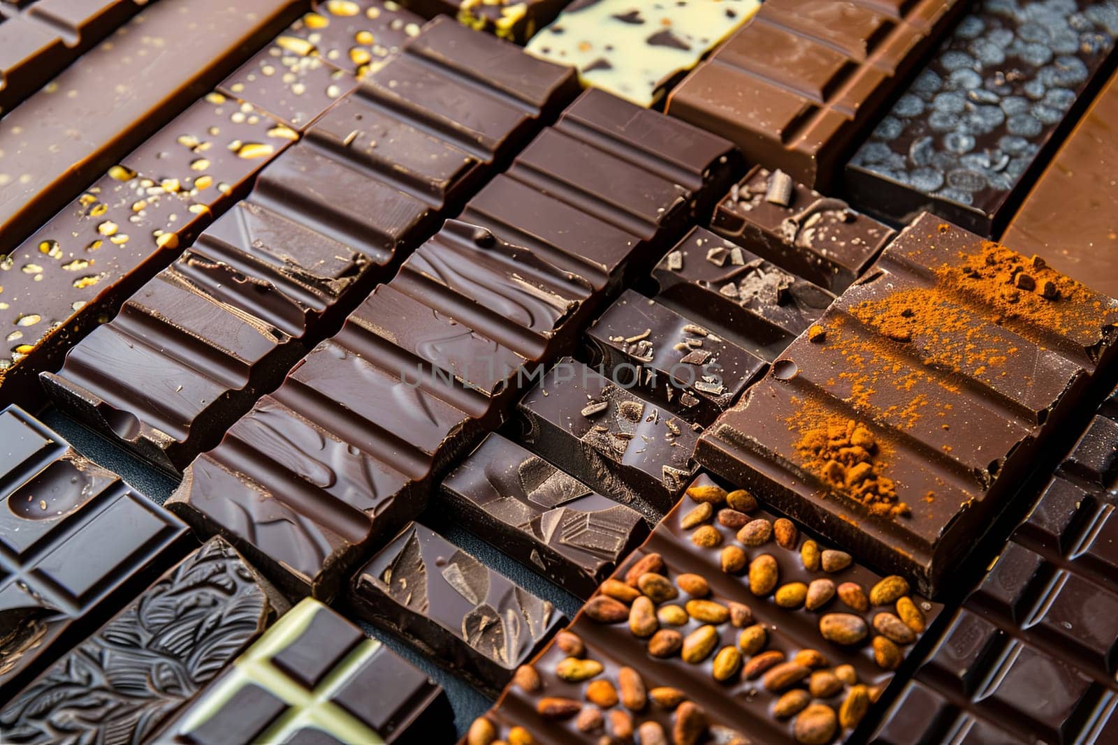 A detailed close-up of assorted chocolate bars in different flavors and types, showcasing rich colors and neat arrangement.