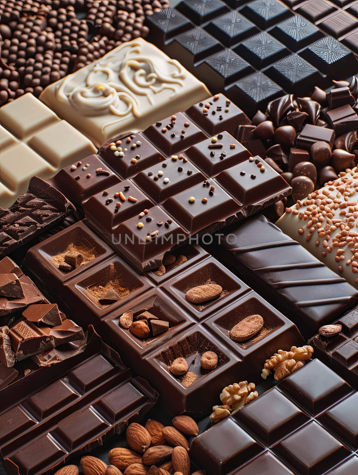 Assorted chocolate bars in various flavors and types neatly arranged on a table.