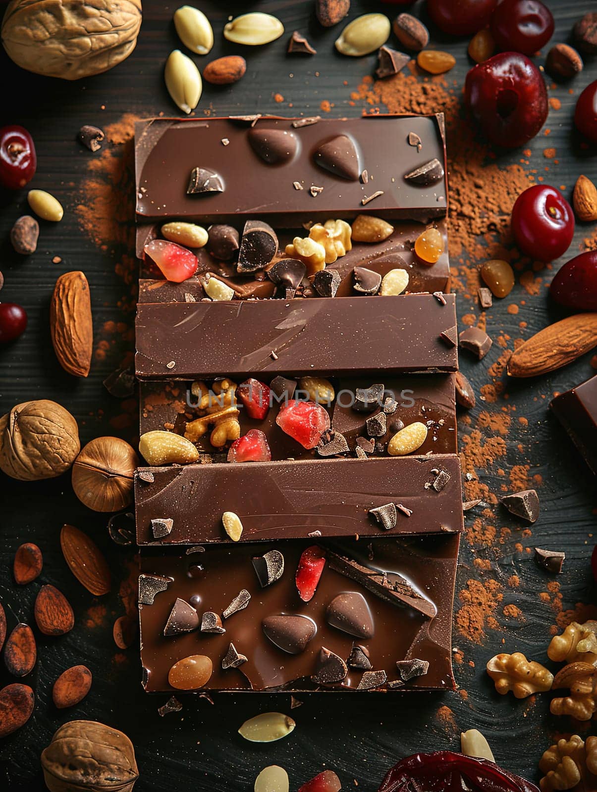 Detailed close-up of a chocolate bar loaded with various nuts, showcasing rich textures and natural ingredients.