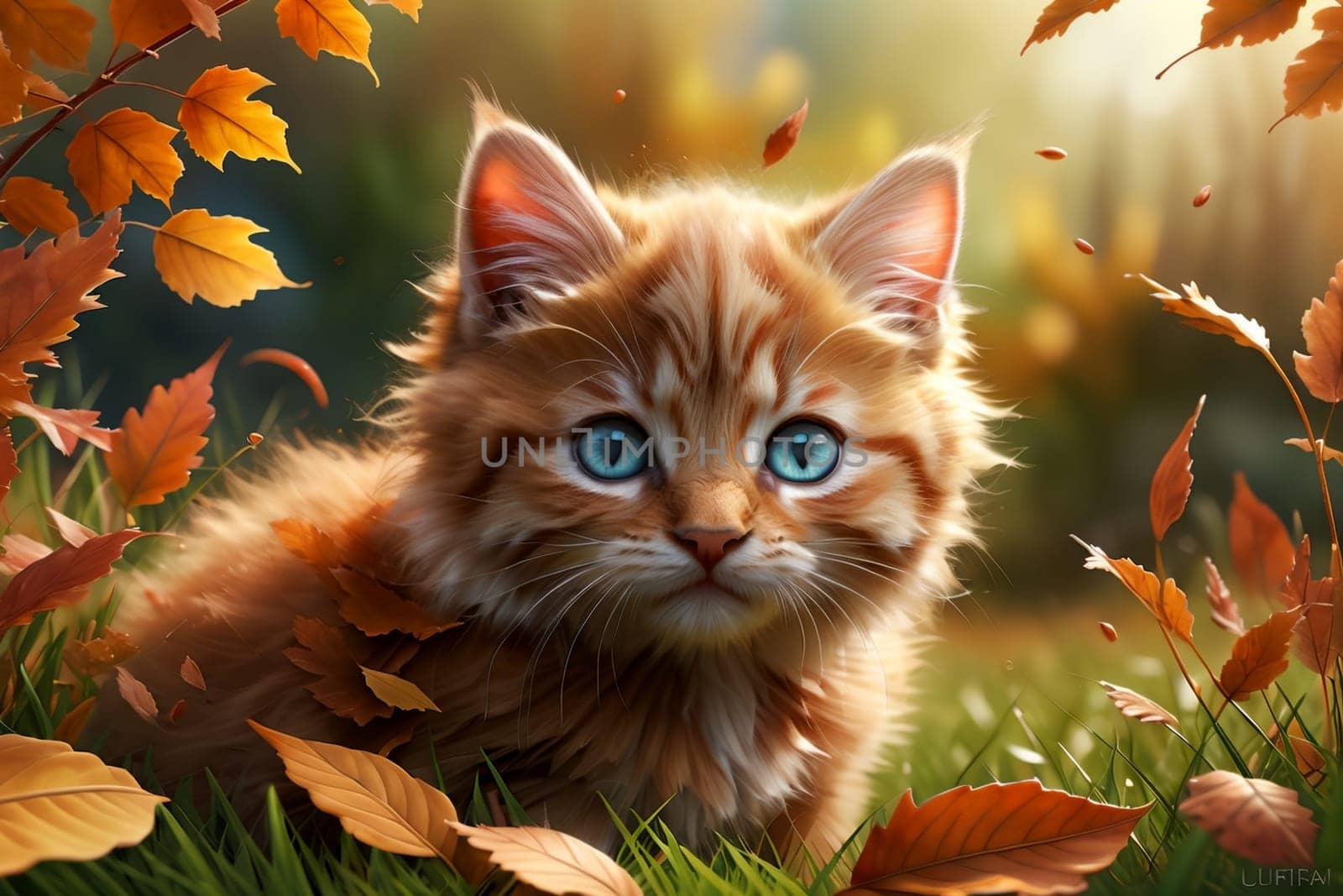 red kitten among falling leaves in autumn .