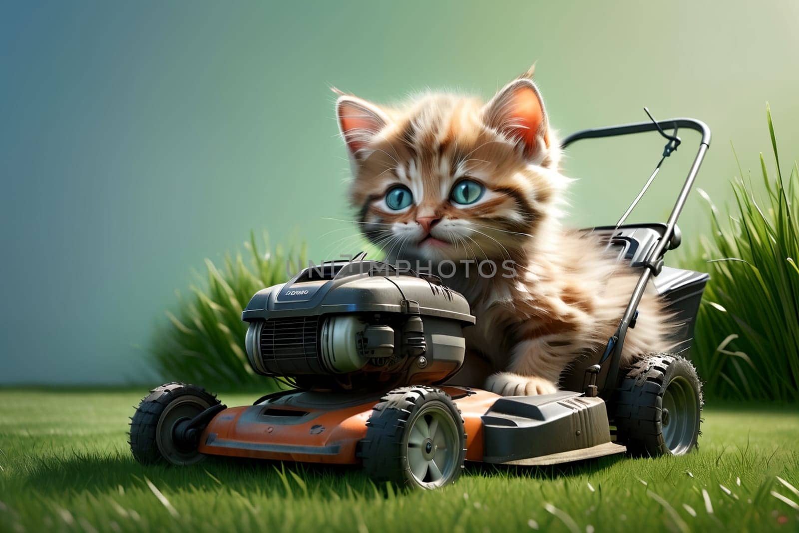 working cat mowing the grass in summer .
