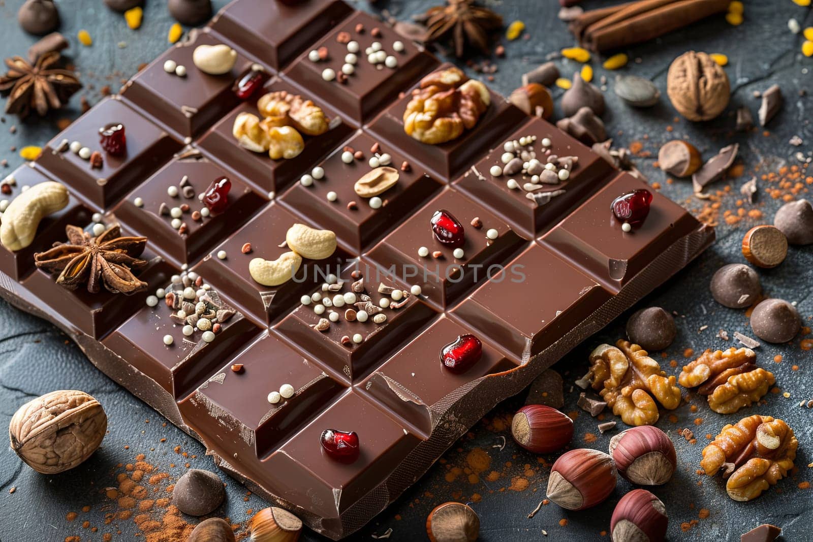 Detailed shot of a gourmet chocolate bar adorned with assorted nuts and spices for a delightful culinary experience.