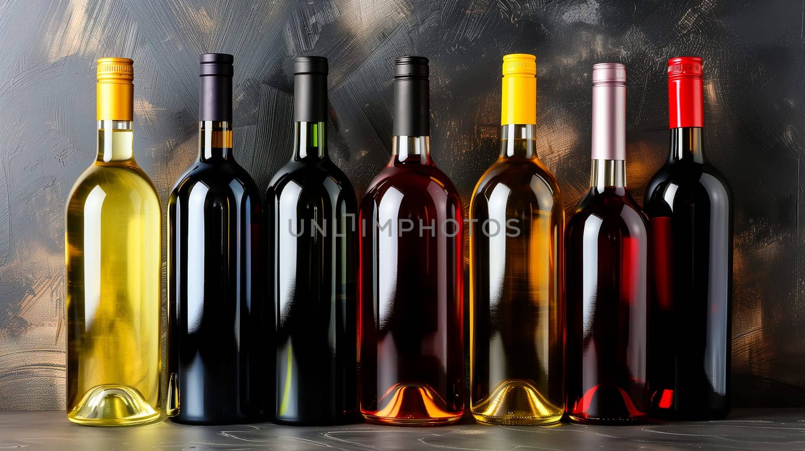 Closeup shot of wine shelf with expensive drinks in bottle.