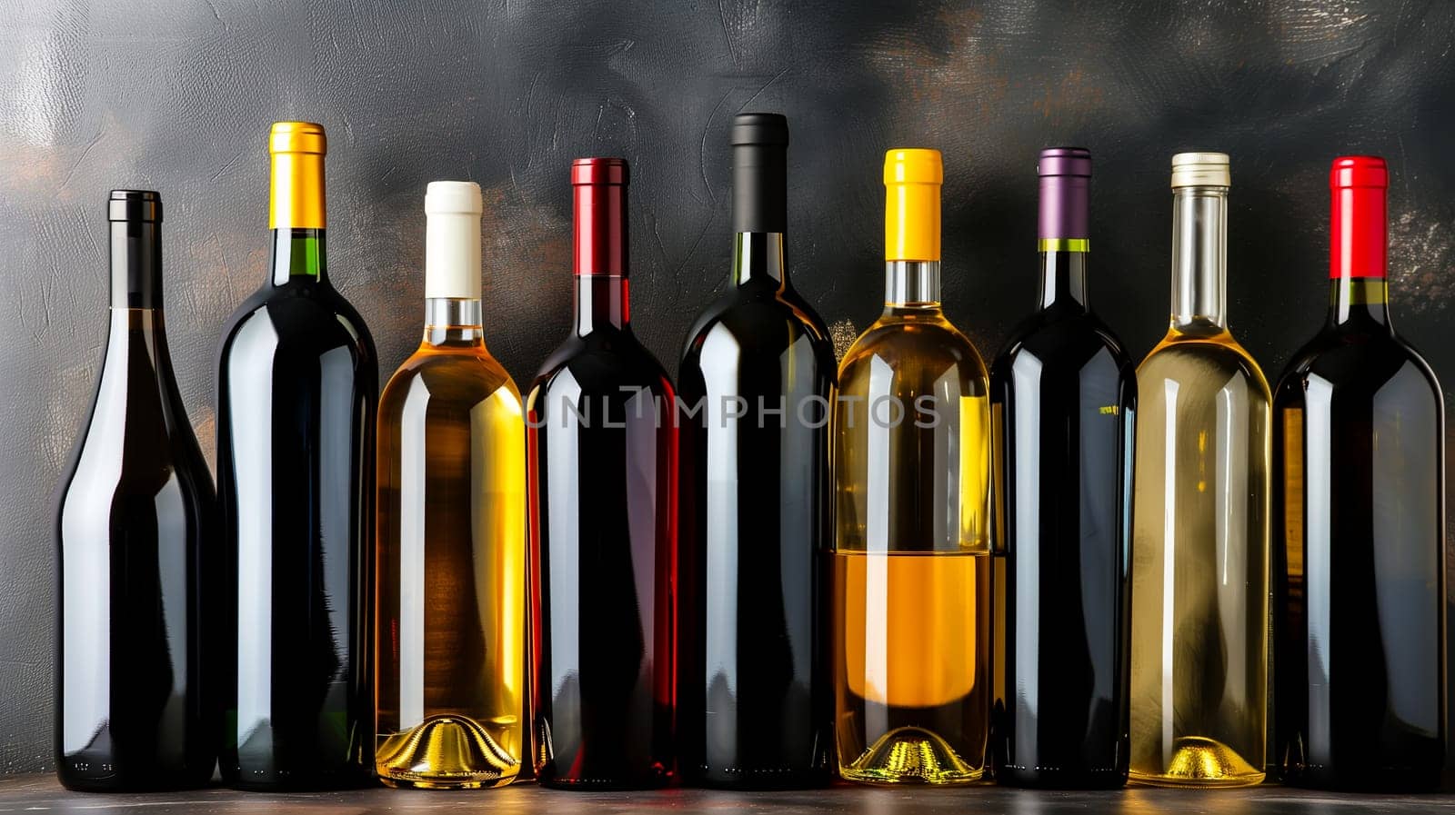 Closeup shot of wine shelf with expensive drinks in bottle by sarymsakov