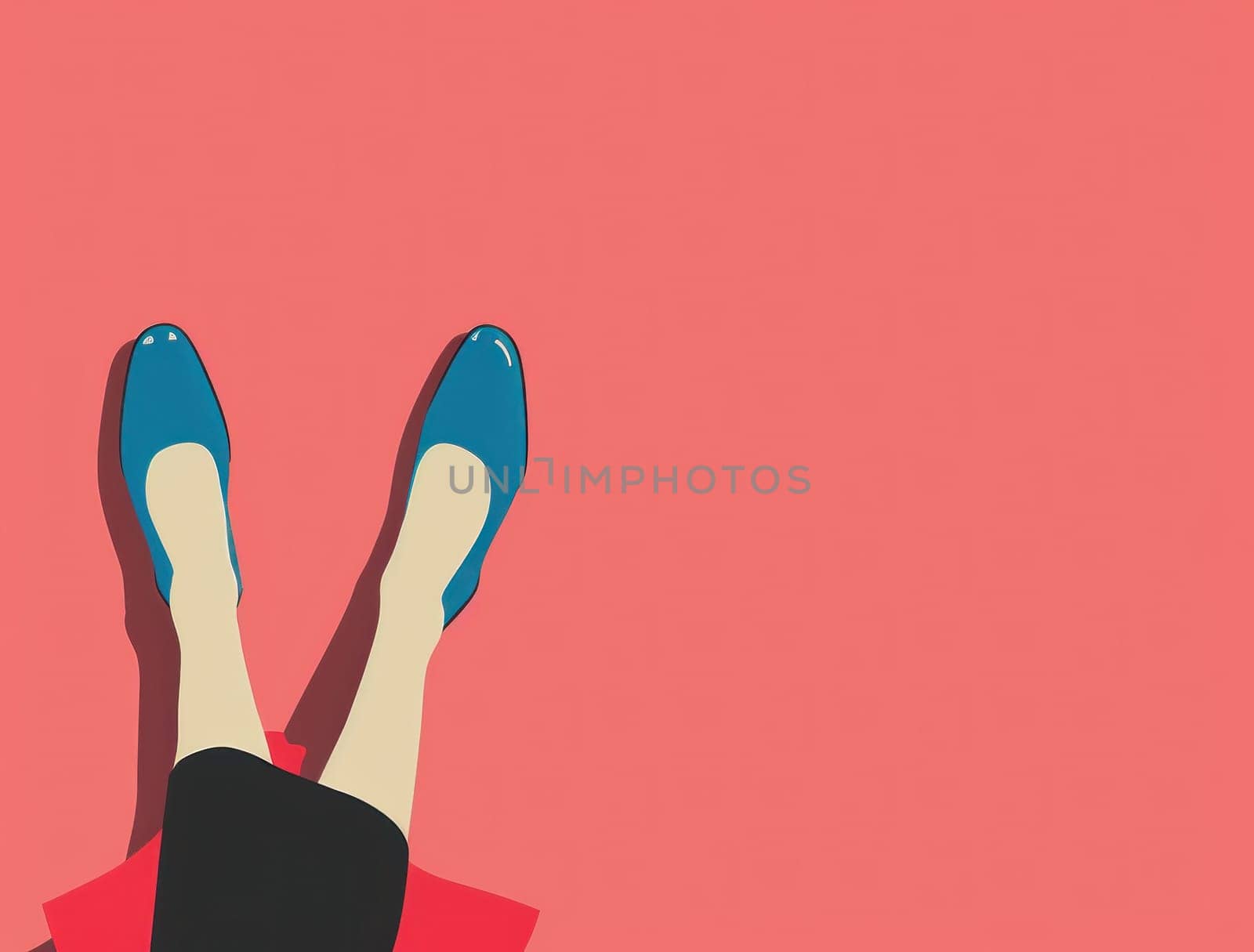 Fashionable legs in blue shoes on bright red and pink background, stylish and trendy concept for beauty and fashion industry