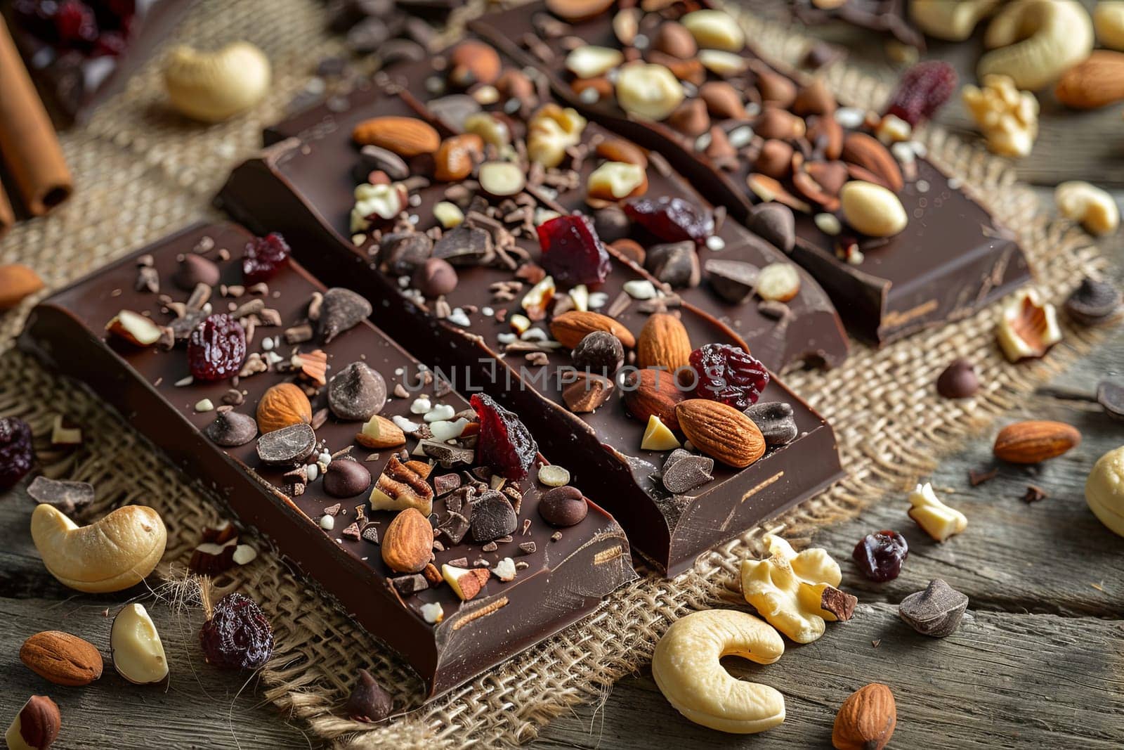 Detailed close-up of a chocolate bar filled with various nuts, showcasing rich textures and natural ingredients.
