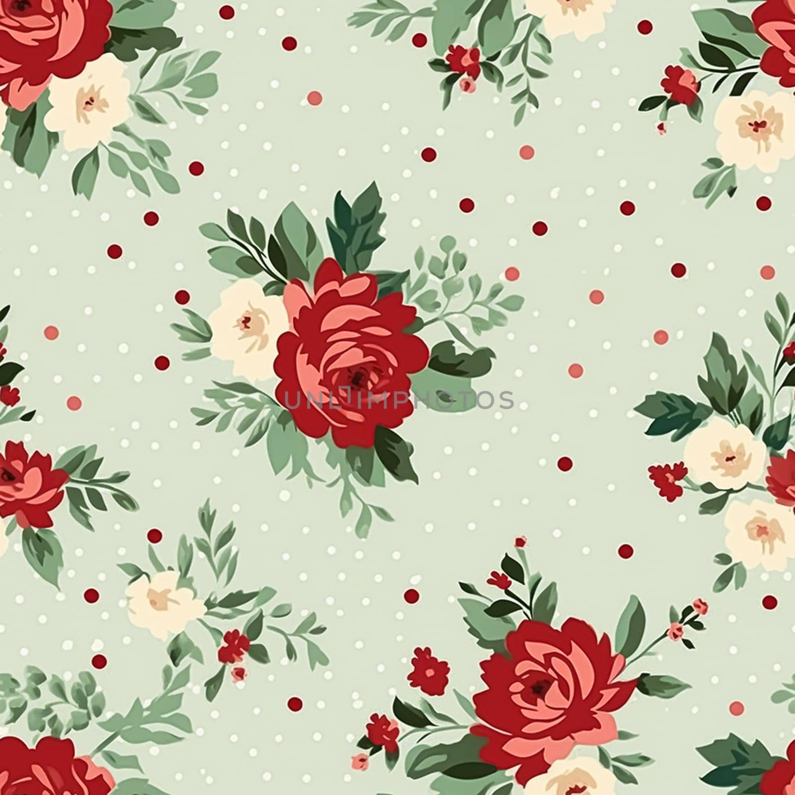 Seamless pattern, tileable Christmas holiday floral, country flowers dots print, English countryside roses for wallpaper, wrapping paper, scrapbook, fabric and product design motif