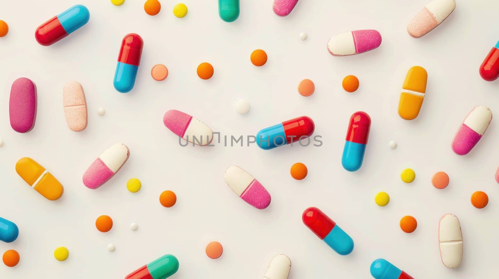 Colorful pills scattered on a white surface in a medical flat lay arrangement with top view perspective
